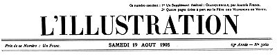 Fransızca'da kitabın adı: 'L'Illustration, No. 3260, 19 Ağustos 1905' Şimdi bana bunu Türkçe'ye çevirmeni istiyorum. Fransızca'da kitabın adı: 'L'Illustration, No. 3260, 19 Ağustos 1905' Şimdi bana bunu Türkçe'ye çevirmeni istiyorum.