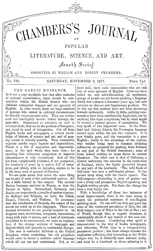 Chambersın Halk Edebiyatı, Bilim ve Sanat Dergisi, No. 72310;3 Kasım 1877