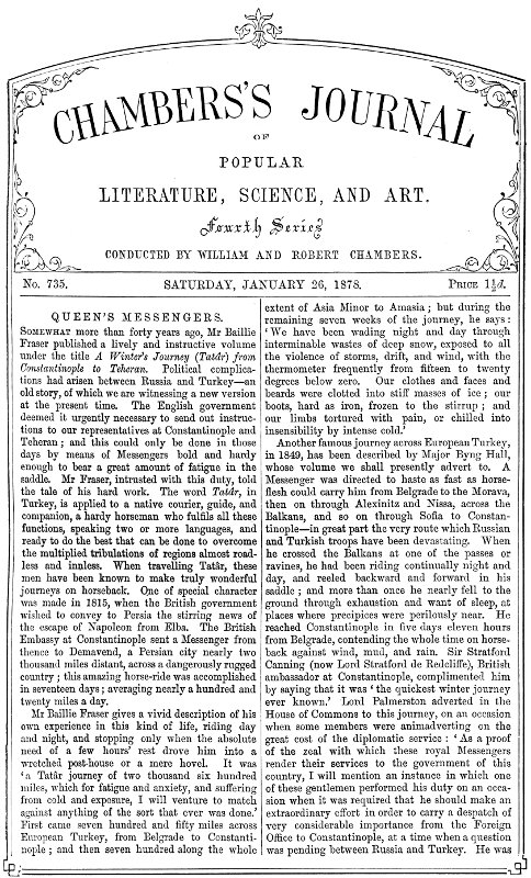Chambers's Journal of Popular Literature, Science, and Art, No. 735, January 26, 1878 Chambers's Journal of Popular Literature, Science, and Art, No. 735, January 26, 1878