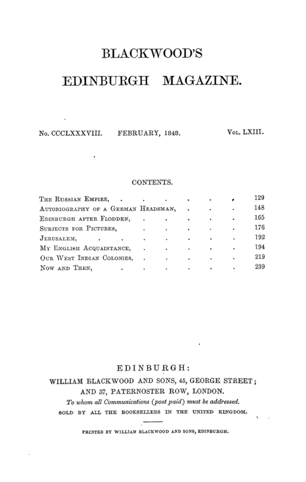 Blackwoodun Edinburg Dergisi, Cilt 63, No. 388, Şubat 1848