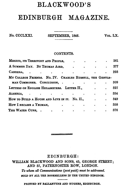 Blackwoodun Edinburgh Dergisi, Cilt 60, Sayı 371, Eylül 1846