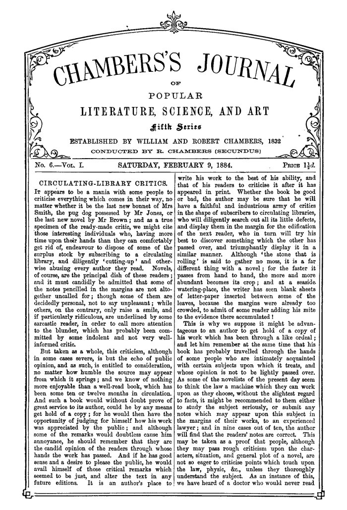 Chambers's Journal of Popular Literature, Science, and Art, Fifth Series, No. 6, Vol. I, February 9, 1884