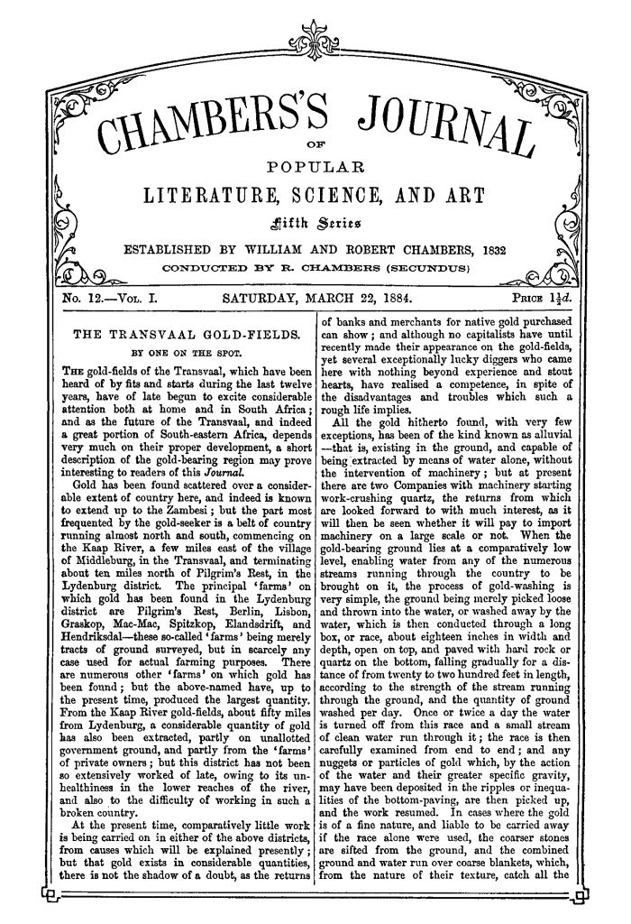 Chambers's Journal of Popular Literature, Science, and Art, Fifth Series, No. 12, Vol. I, March 22, 1884 Chambers's Journal of Popular Literature, Science, and Art, Fifth Series, No. 12, Vol. I, March 22, 1884