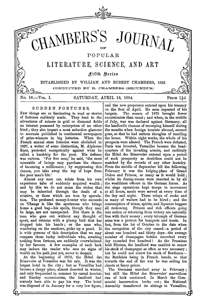 Chambers's Journal of Popular Literature, Science, and Art, Fifth Series, No. 16, Vol. I, April 19, 1884