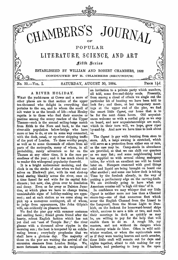 Chambers's Journal of Popular Literature, Science, and Art, Fifth Series, No. 35, Vol. I, August 30, 1884 Chambers's Journal of Popular Literature, Science, and Art, Fifth Series, No. 35, Vol. I, August 30, 1884