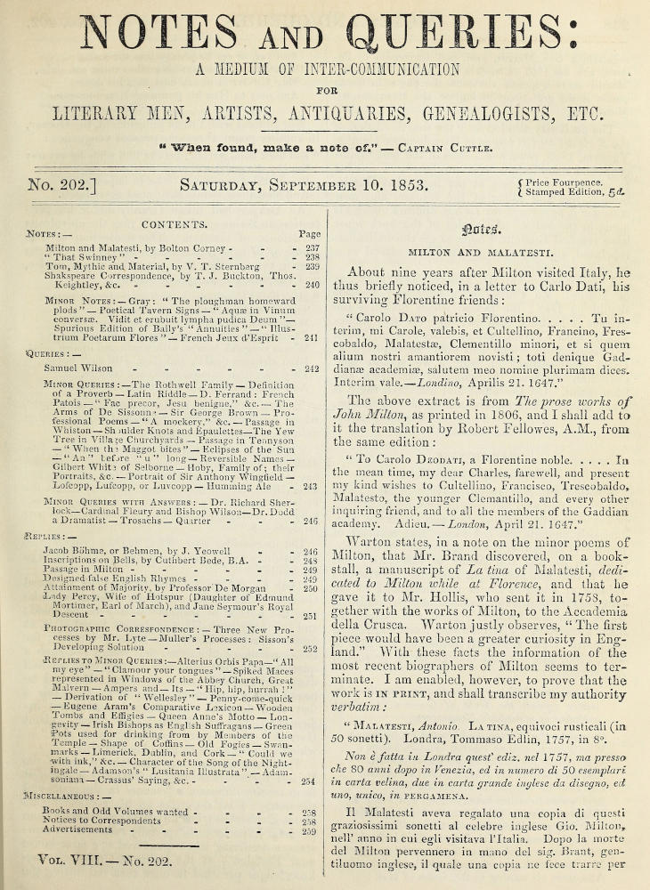Notes and Queries, Number 202, September 10, 1853 A Medium of Inter-communication for Literary Men, Artists, Antiquaries, Geneologists, etc. Notes and Queries, Number 202, September 10, 1853 A Medium of Inter-communication for Literary Men, Artists, Antiquaries, Geneologists, etc.