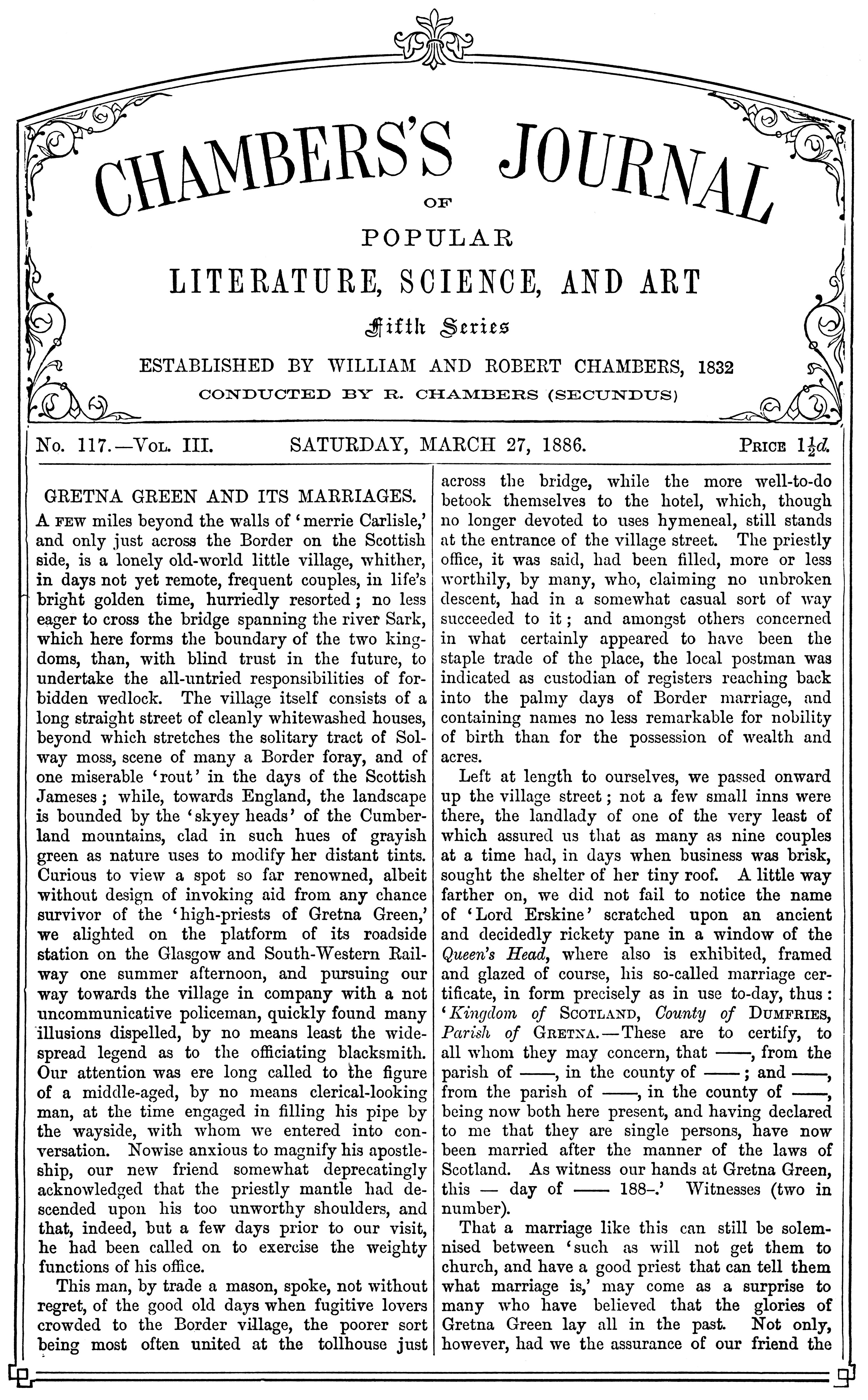 Chambersın Halk Edebiyatı, Bilim ve Sanat Dergisi, beşinci serisi, sayı 117, cilt III, 27 Mart 1886
