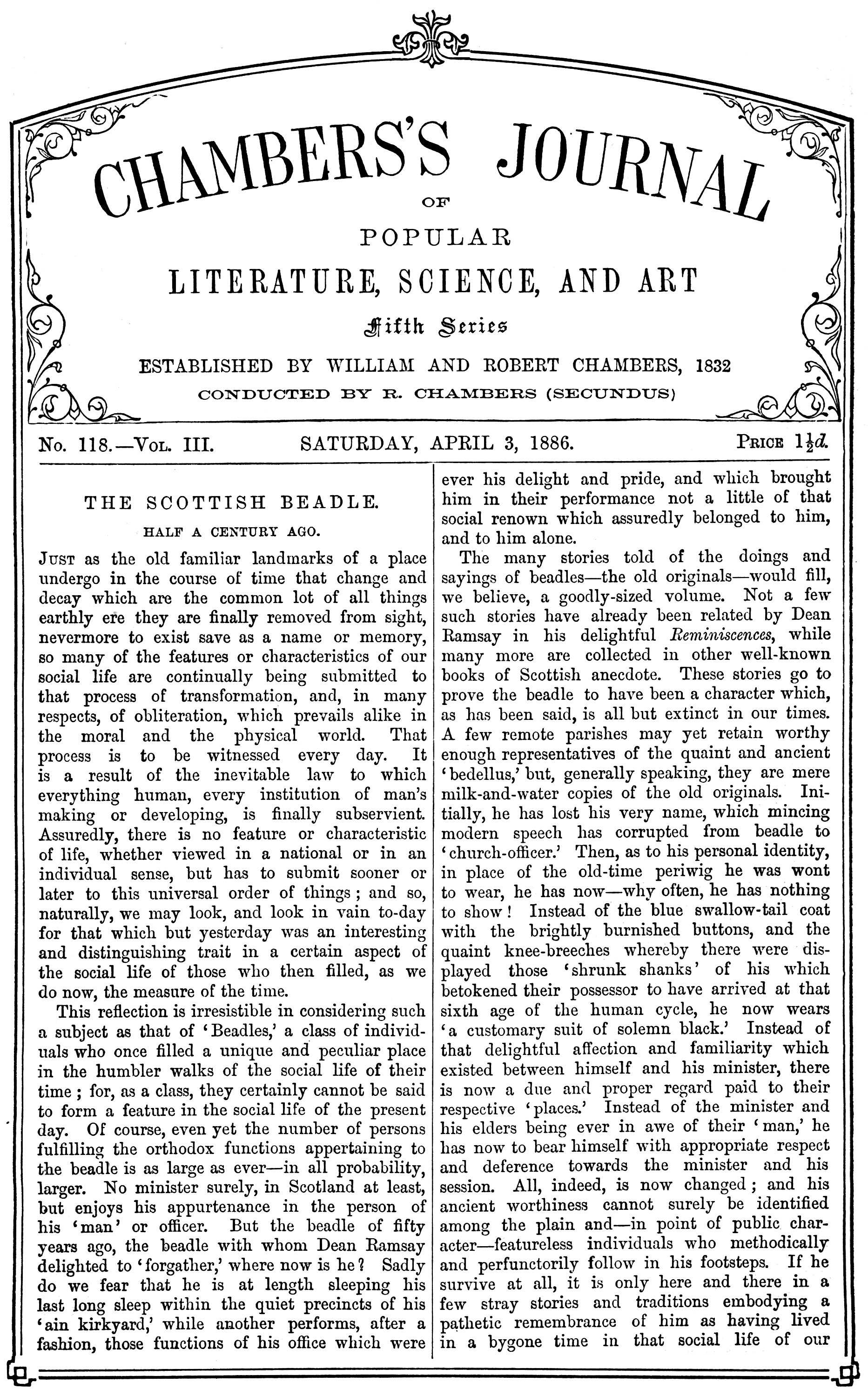 Chambersın Tayler Halk Edebiyatı, Bilim ve Sanat Dergisi, beşinci seri, sayı 118, cilt III, 3 Nisan 1886