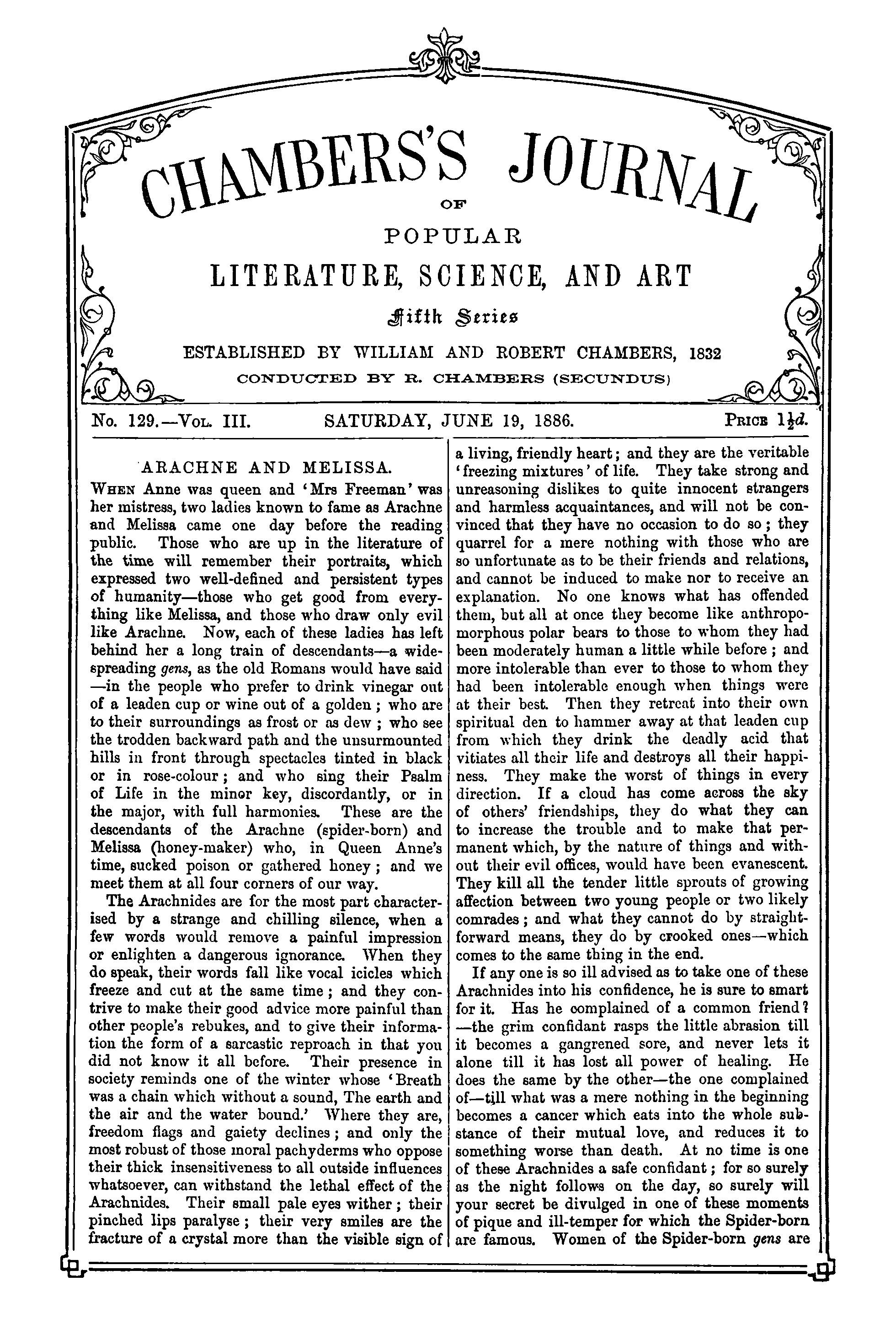 Chambers's Journal of Popular Literature, Science, and Art, fifth series, no. 129, vol. III, June 19, 1886 Chambers's Journal of Popular Literature, Science, and Art, fifth series, no. 129, vol. III, June 19, 1886