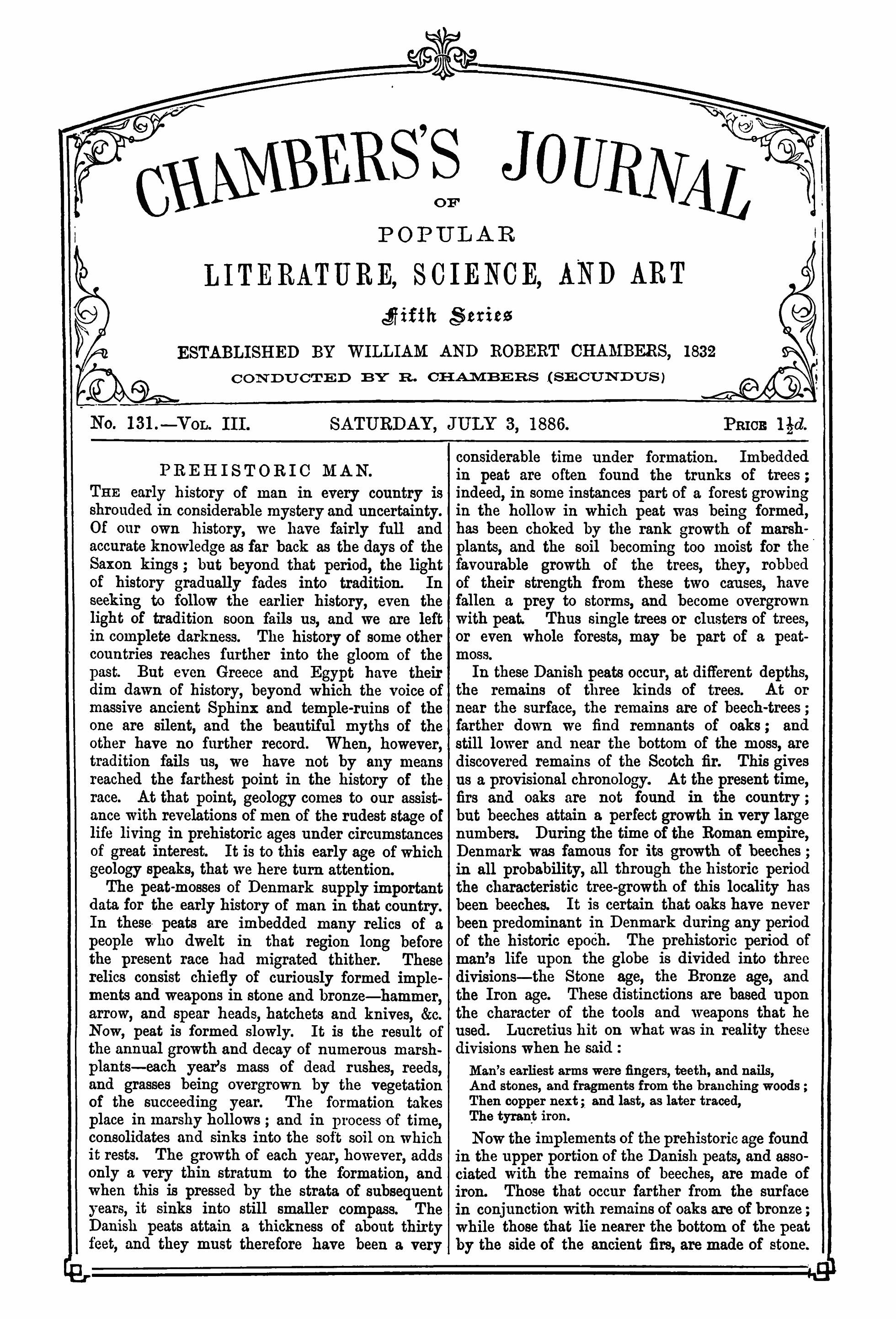 Chambers's journal of popular literature, science, and art, fifth series, no. 131, vol. III, July 3, 1886 Chambers's journal of popular literature, science, and art, fifth series, no. 131, vol. III, July 3, 1886